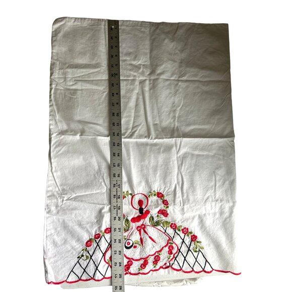 Vintage Hand-Embroidered Lady Design Cotton Pillow Cases Red Green Floral Accent - Picture 4 of 10